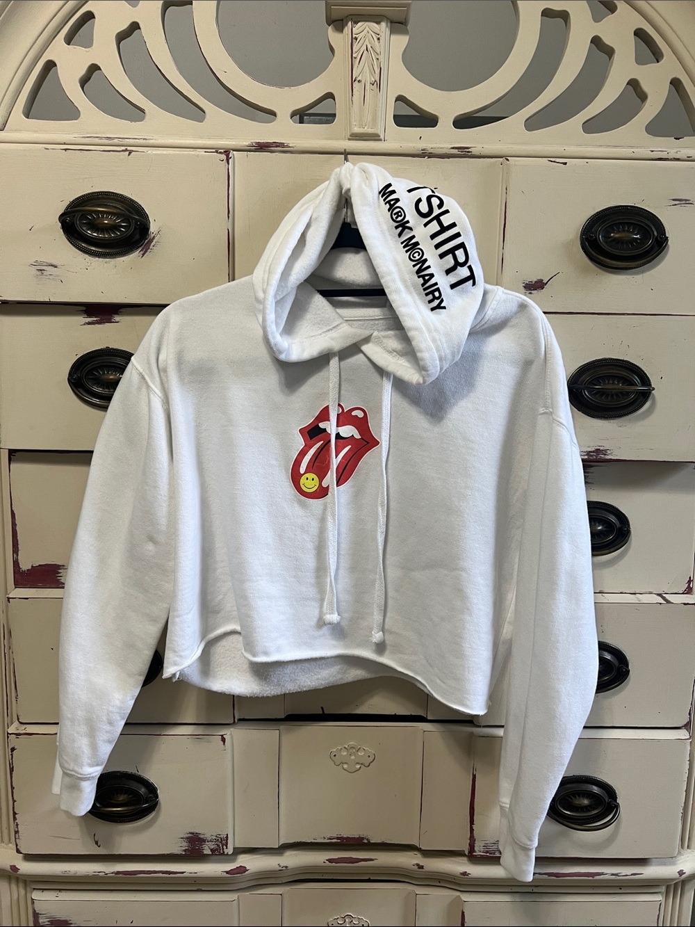 White Cropped Hoodie with Graphic Tongue Logo